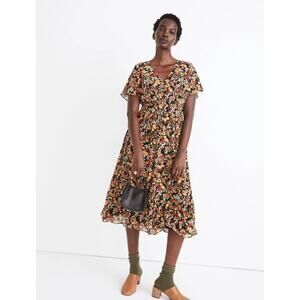 Madewell Women's Midi Dress Size 6 Dolman-Sleeve Ruffle Floral
